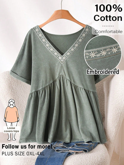 CosyJoli Plus Size Women V-Neck Embroidered Casual Traditional Boho Washed Short Sleeve T-Shirt, Going Out Vacation Tops Green Summer