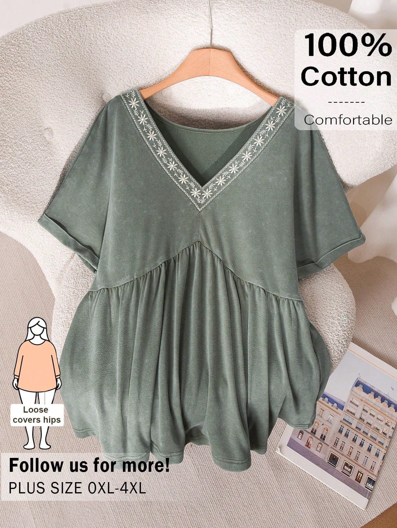 CosyJoli Plus Size Women V-Neck Embroidered Casual Traditional Boho Washed Short Sleeve T-Shirt, Going Out Vacation Tops Green Summer