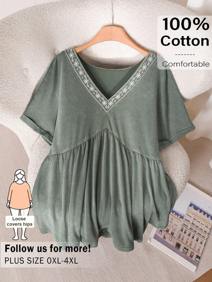 CosyJoli Plus Size Women V-Neck Embroidered Casual Traditional Boho Washed Short Sleeve T-Shirt, Going Out Vacation Tops Green Summer