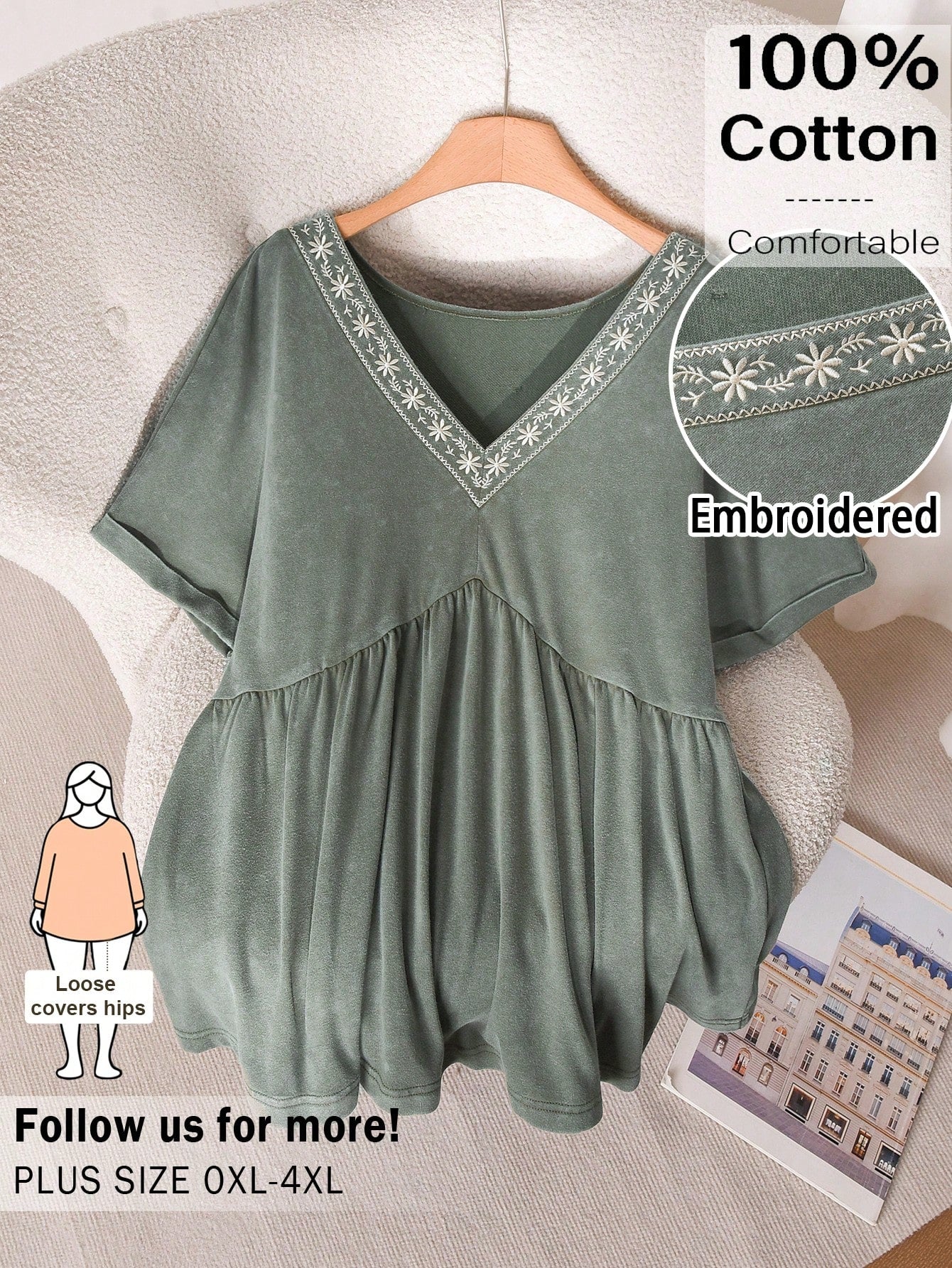 CosyJoli Plus Size Women V-Neck Embroidered Casual Traditional Boho Washed Short Sleeve T-Shirt, Going Out Vacation Tops Green Summer