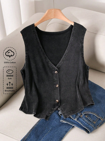 CosyJoli Plus Size Women V-Neck Single-Breasted Casual Business Casual Tank Top Office Vacation Concert Dark Green Summer