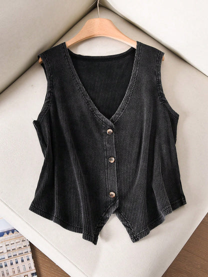 CosyJoli Plus Size Women V-Neck Single-Breasted Casual Business Casual Tank Top Office Vacation Concert Dark Green Summer