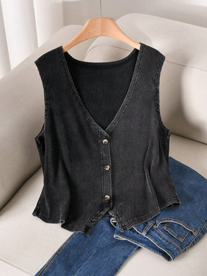 CosyJoli Plus Size Women V-Neck Single-Breasted Casual Business Casual Tank Top Office Vacation Concert Dark Green Summer