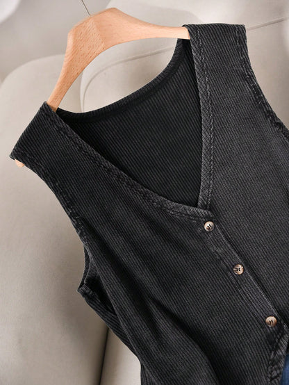 CosyJoli Plus Size Women V-Neck Single-Breasted Casual Business Casual Tank Top Office Vacation Concert Dark Green Summer