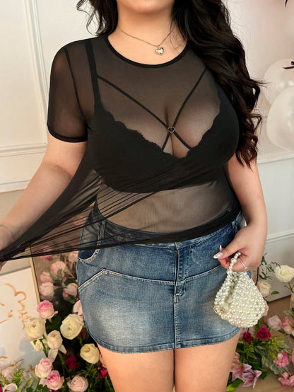 CovetEZ Plus Size Sheer Mesh Elastic Sexy Light Blue Top For Women Concert Summer
