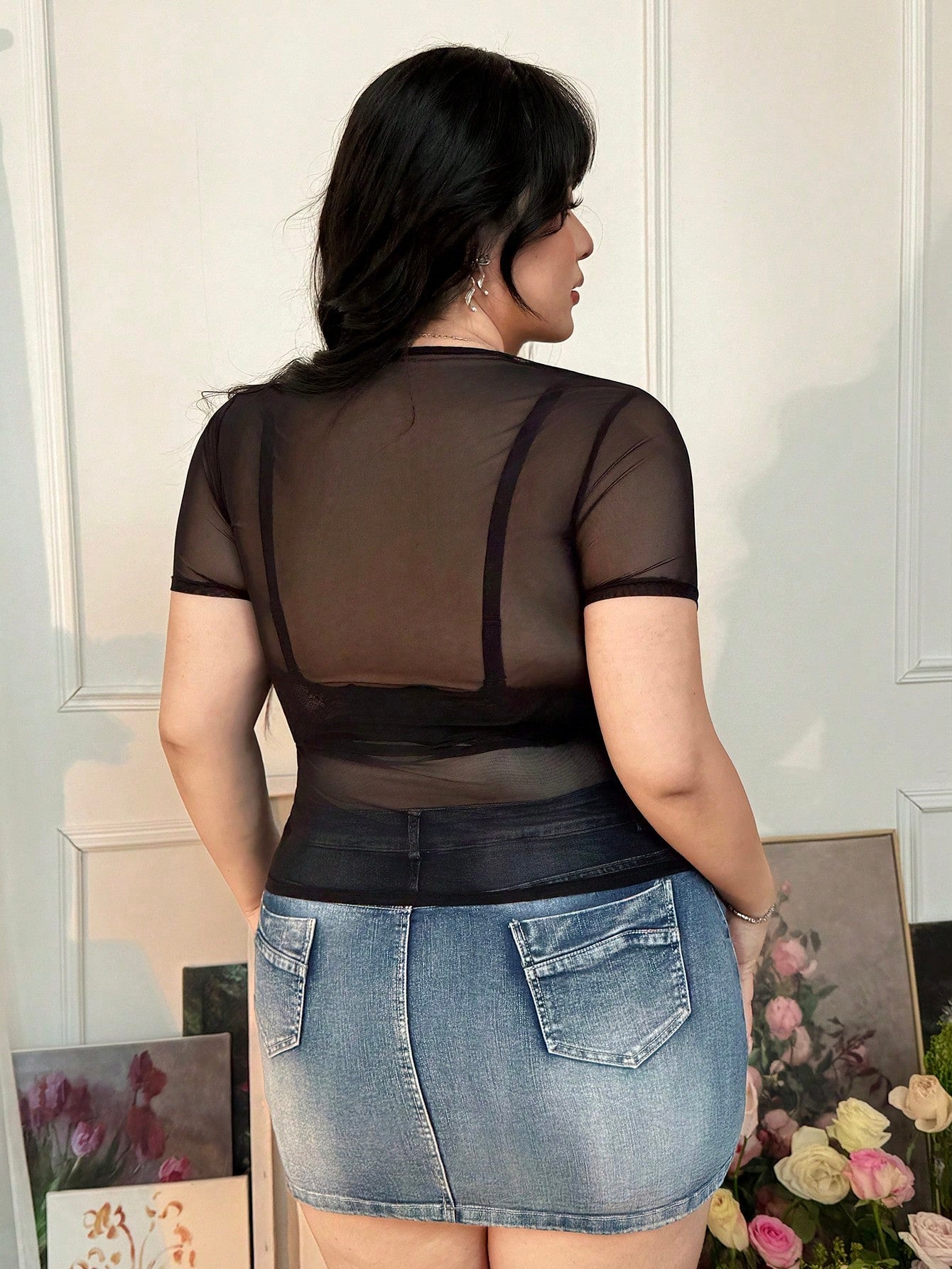 CovetEZ Plus Size Sheer Mesh Elastic Sexy Light Blue Top For Women Concert Summer