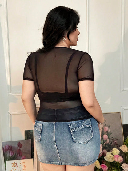 CovetEZ Plus Size Sheer Mesh Elastic Sexy Light Blue Top For Women Concert Summer