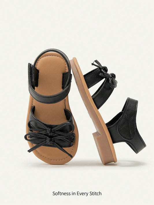 Cozy Pixies 1 Pair Cute Toddler Girls Outdoor Sandals With Big Bow Hook-And-Loop, Princess Pastoral Style, Flat For Summer