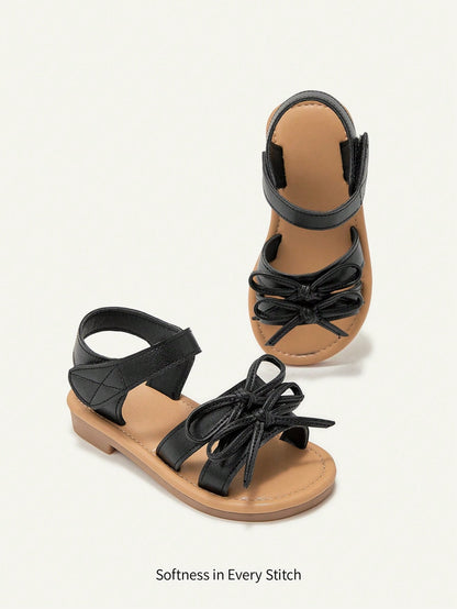 Cozy Pixies 1 Pair Cute Toddler Girls Outdoor Sandals With Big Bow Hook-And-Loop, Princess Pastoral Style, Flat For Summer