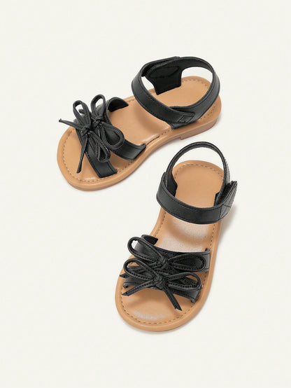 Cozy Pixies 1 Pair Cute Toddler Girls Outdoor Sandals With Big Bow Hook-And-Loop, Princess Pastoral Style, Flat For Summer