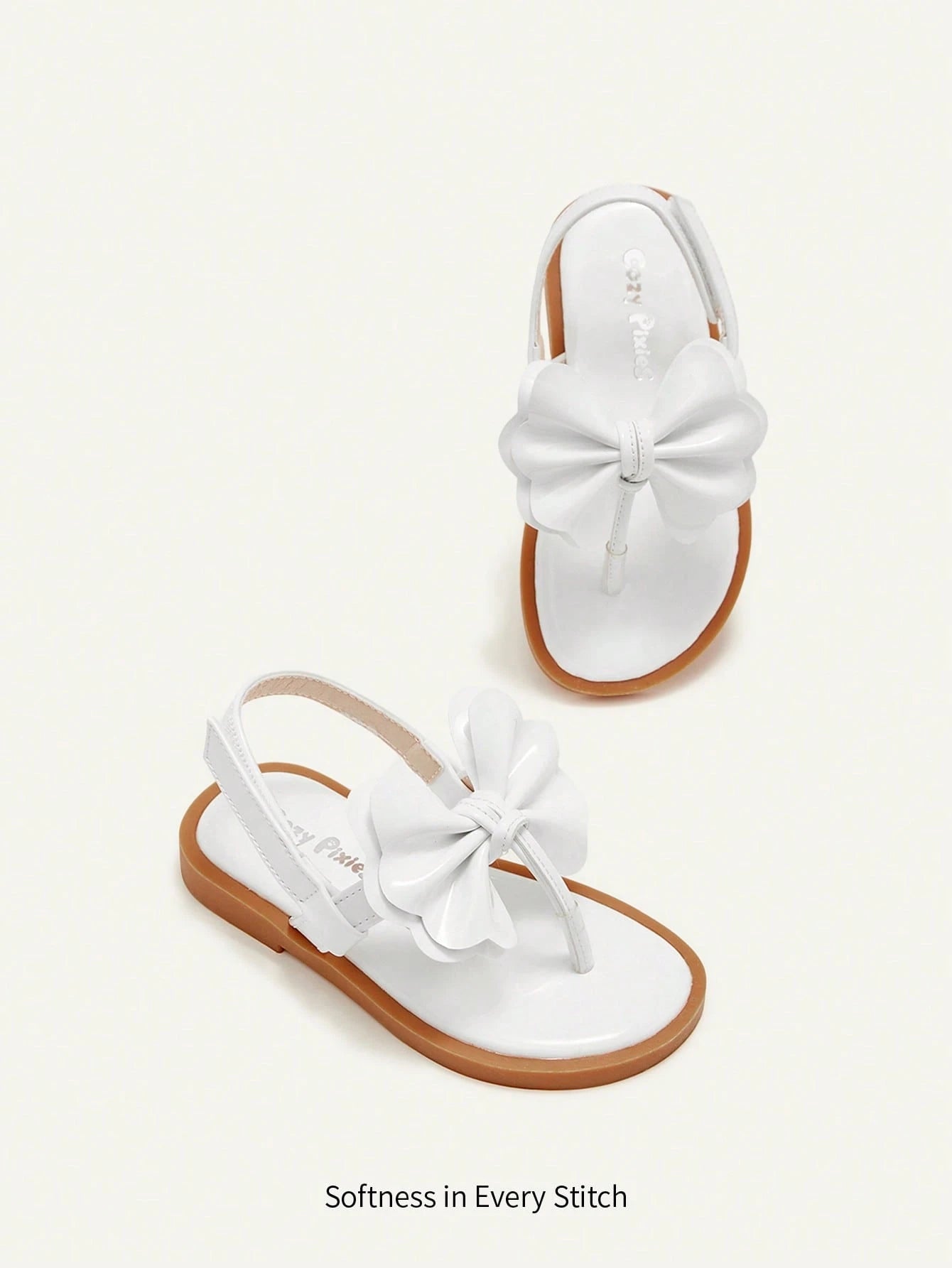 Cozy Pixies A Pair Of Fashionable And Versatile Casual Fun White Bow Flip-Flops Three-Dimensional Princess Style Wedding Mother's Day Vacation Girls Baby Flat Sandals Suitable For Summer