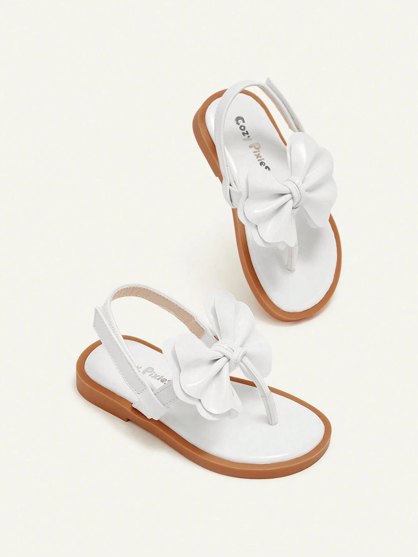 Cozy Pixies A Pair Of Fashionable And Versatile Casual Fun White Bow Flip-Flops Three-Dimensional Princess Style Wedding Mother's Day Vacation Girls Baby Flat Sandals Suitable For Summer