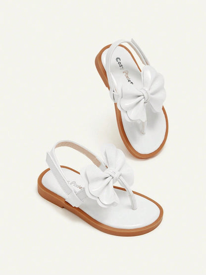 Cozy Pixies A Pair Of Fashionable And Versatile Casual Fun White Bow Flip-Flops Three-Dimensional Princess Style Wedding Mother's Day Vacation Girls Baby Flat Sandals Suitable For Summer