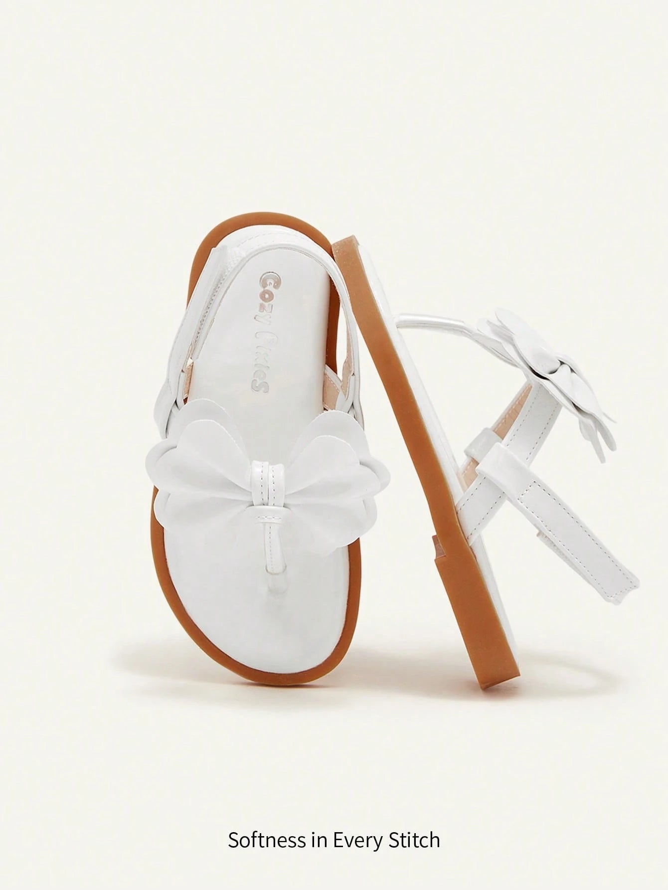 Cozy Pixies A Pair Of Fashionable And Versatile Casual Fun White Bow Flip-Flops Three-Dimensional Princess Style Wedding Mother's Day Vacation Girls Baby Flat Sandals Suitable For Summer