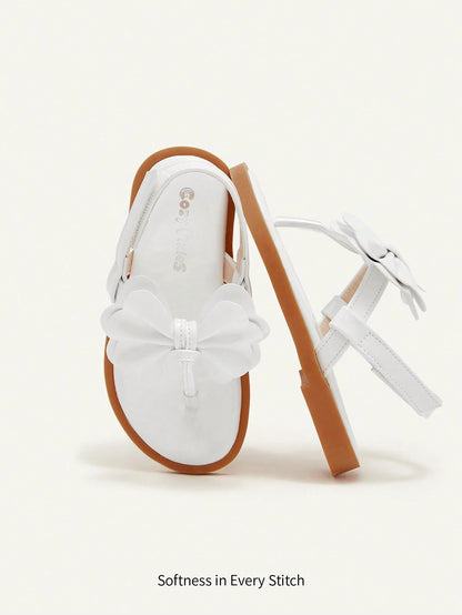 Cozy Pixies A Pair Of Fashionable And Versatile Casual Fun White Bow Flip-Flops Three-Dimensional Princess Style Wedding Mother's Day Vacation Girls Baby Flat Sandals Suitable For Summer