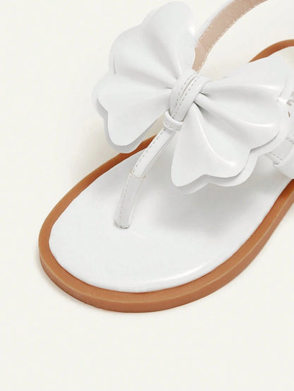 Cozy Pixies A Pair Of Fashionable And Versatile Casual Fun White Bow Flip-Flops Three-Dimensional Princess Style Wedding Mother's Day Vacation Girls Baby Flat Sandals Suitable For Summer