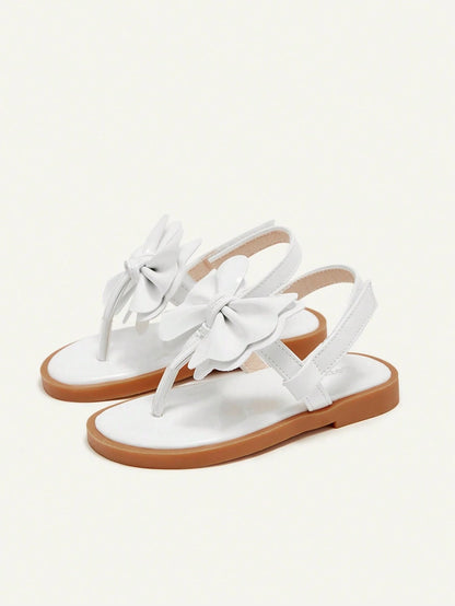 Cozy Pixies A Pair Of Fashionable And Versatile Casual Fun White Bow Flip-Flops Three-Dimensional Princess Style Wedding Mother's Day Vacation Girls Baby Flat Sandals Suitable For Summer
