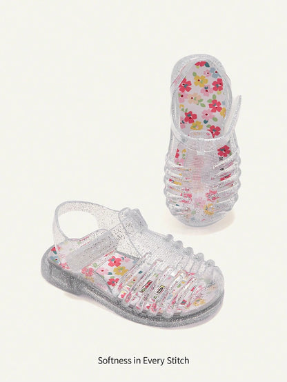 Cozy Pixies A Pair Of Summer Fashion Versatile Cute Fun Flower Princess Transparent Color Soft Comfortable Beach Crystal Plaid Pastoral Soft Bottom Flat Baby Sandals
