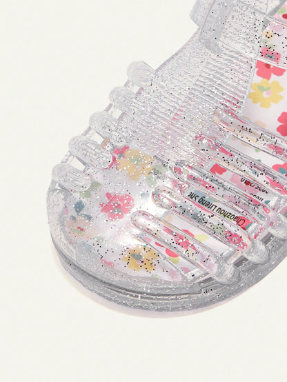 Cozy Pixies A Pair Of Summer Fashion Versatile Cute Fun Flower Princess Transparent Color Soft Comfortable Beach Crystal Plaid Pastoral Soft Bottom Flat Baby Sandals