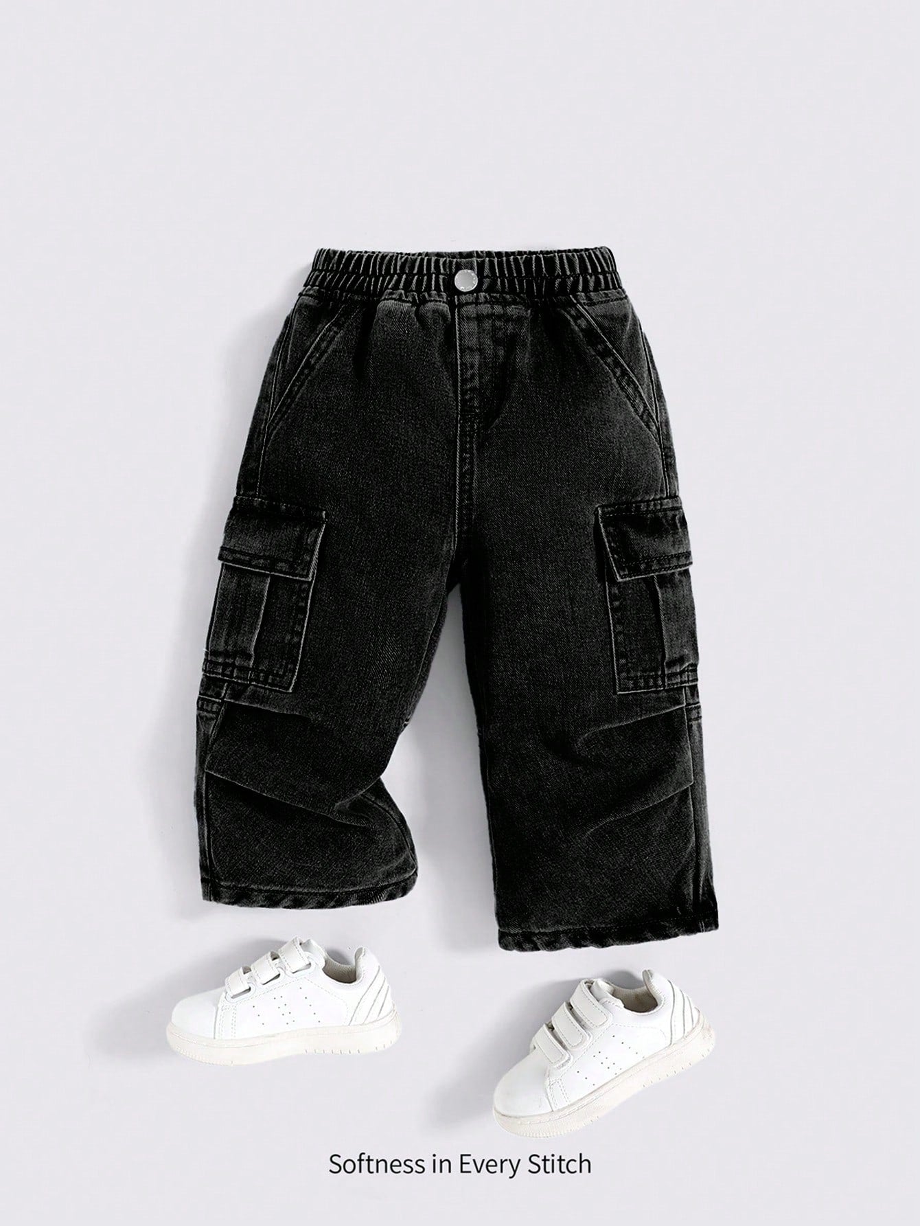 Cozy Pixies Baby Boy Stonewashed Casual Elastic Waistband Soft Work Baggy Denim Pants With Side Pockets,Leisure And Versatile Outdoor Wear