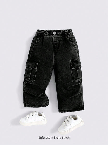 Cozy Pixies Baby Boy Stonewashed Casual Elastic Waistband Soft Work Baggy Denim Pants With Side Pockets,Leisure And Versatile Outdoor Wear