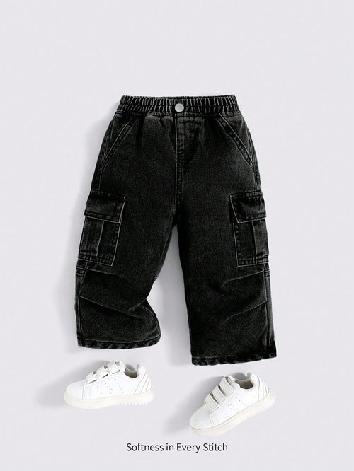 Cozy Pixies Baby Boy Stonewashed Casual Elastic Waistband Soft Work Baggy Denim Pants With Side Pockets,Leisure And Versatile Outdoor Wear