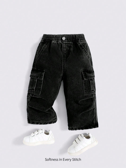 Cozy Pixies Baby Boy Stonewashed Casual Elastic Waistband Soft Work Baggy Denim Pants With Side Pockets,Leisure And Versatile Outdoor Wear