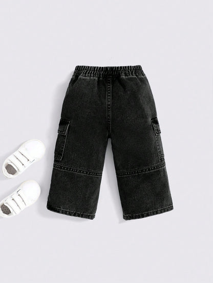 Cozy Pixies Baby Boy Stonewashed Casual Elastic Waistband Soft Work Baggy Denim Pants With Side Pockets,Leisure And Versatile Outdoor Wear