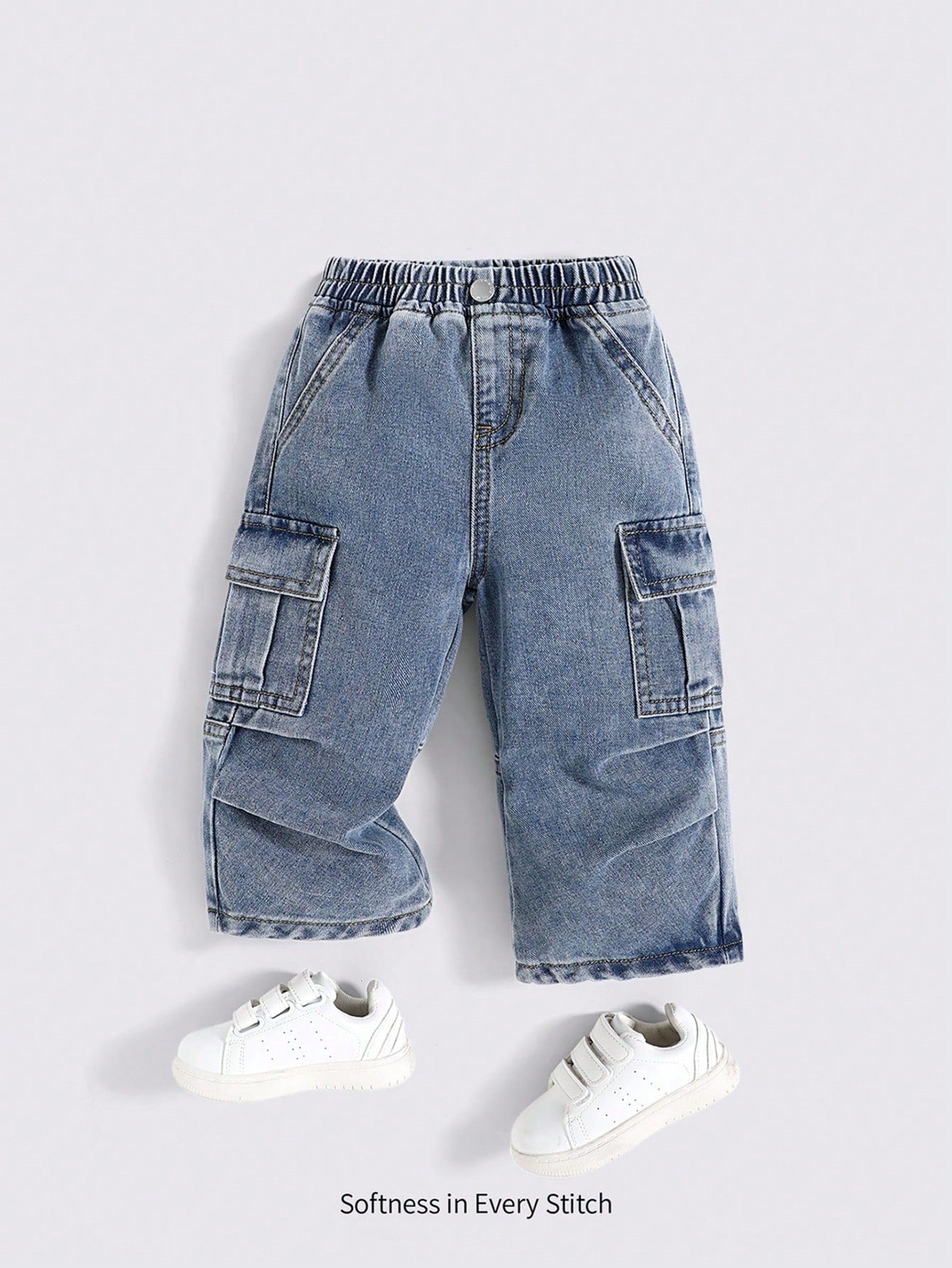 Cozy Pixies Baby Boy Stonewashed Casual Elastic Waistband Soft Work Baggy Denim Pants With Side Pockets,Leisure And Versatile Outdoor Wear