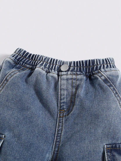 Cozy Pixies Baby Boy Stonewashed Casual Elastic Waistband Soft Work Baggy Denim Pants With Side Pockets,Leisure And Versatile Outdoor Wear