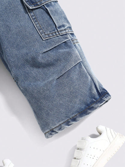 Cozy Pixies Baby Boy Stonewashed Casual Elastic Waistband Soft Work Baggy Denim Pants With Side Pockets,Leisure And Versatile Outdoor Wear