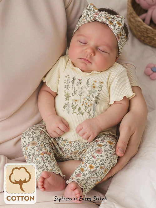 Cozy Pixies Newborn Baby Girl Floral Print Knit Soft Crew Neck Long Sleeve Top And Elastic Waist Pants 2 Piece Set