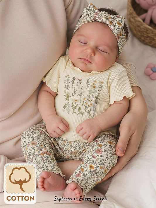 Cozy Pixies Newborn Baby Girl Floral Print Knit Soft Crew Neck Long Sleeve Top And Elastic Waist Pants 2 Piece Set