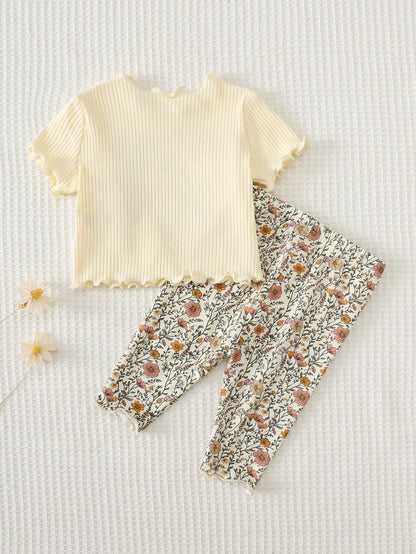 Cozy Pixies Newborn Baby Girl Floral Print Knit Soft Crew Neck Long Sleeve Top And Elastic Waist Pants 2 Piece Set