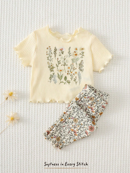Cozy Pixies Newborn Baby Girl Floral Print Knit Soft Crew Neck Long Sleeve Top And Elastic Waist Pants 2 Piece Set