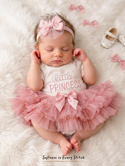 Cozy Pixies Newborn Baby Girl Off-White Summer Cute Photo Shoot 1st Birthday,Wedding,Vacation Outfit,Elegant Bow Letter Knit Romper,Ruffle Mesh Skirt 2-Piece Set