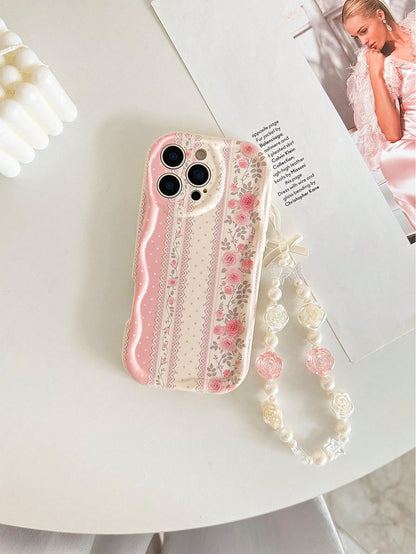 Creamy Pink Lace Floral Painted With Chain White Anti-Drop Cartoon Phone Case Compatible With Ip14,Ip14pro,Ip14promaxip13,Ip13pro,Ip13promaxp11,Ip11promaxip12,Ip12pro,Ip12promanxipXRipXS,Ip15,Ip15pro