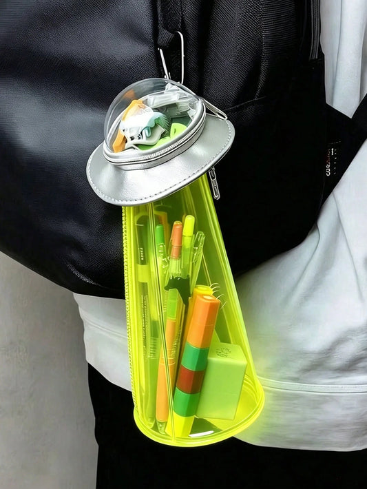 Creative UFO Shaped Storage Pen Case With Transparent Green Alien Decor, Multi-Use Desktop Stationery Box & Backpack Accessory, Hooks Not Included