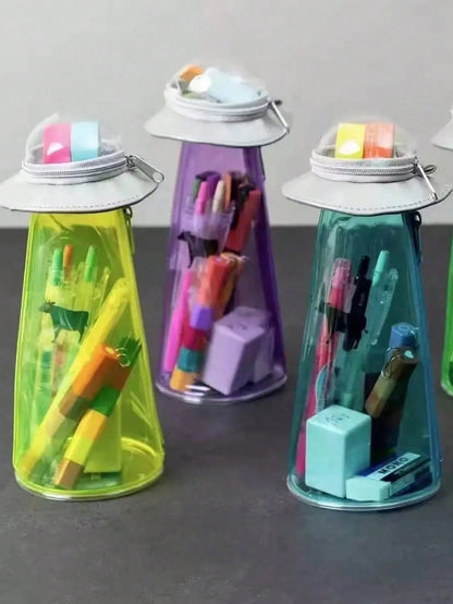 Creative UFO Shaped Storage Pen Case With Transparent Green Alien Decor, Multi-Use Desktop Stationery Box & Backpack Accessory, Hooks Not Included