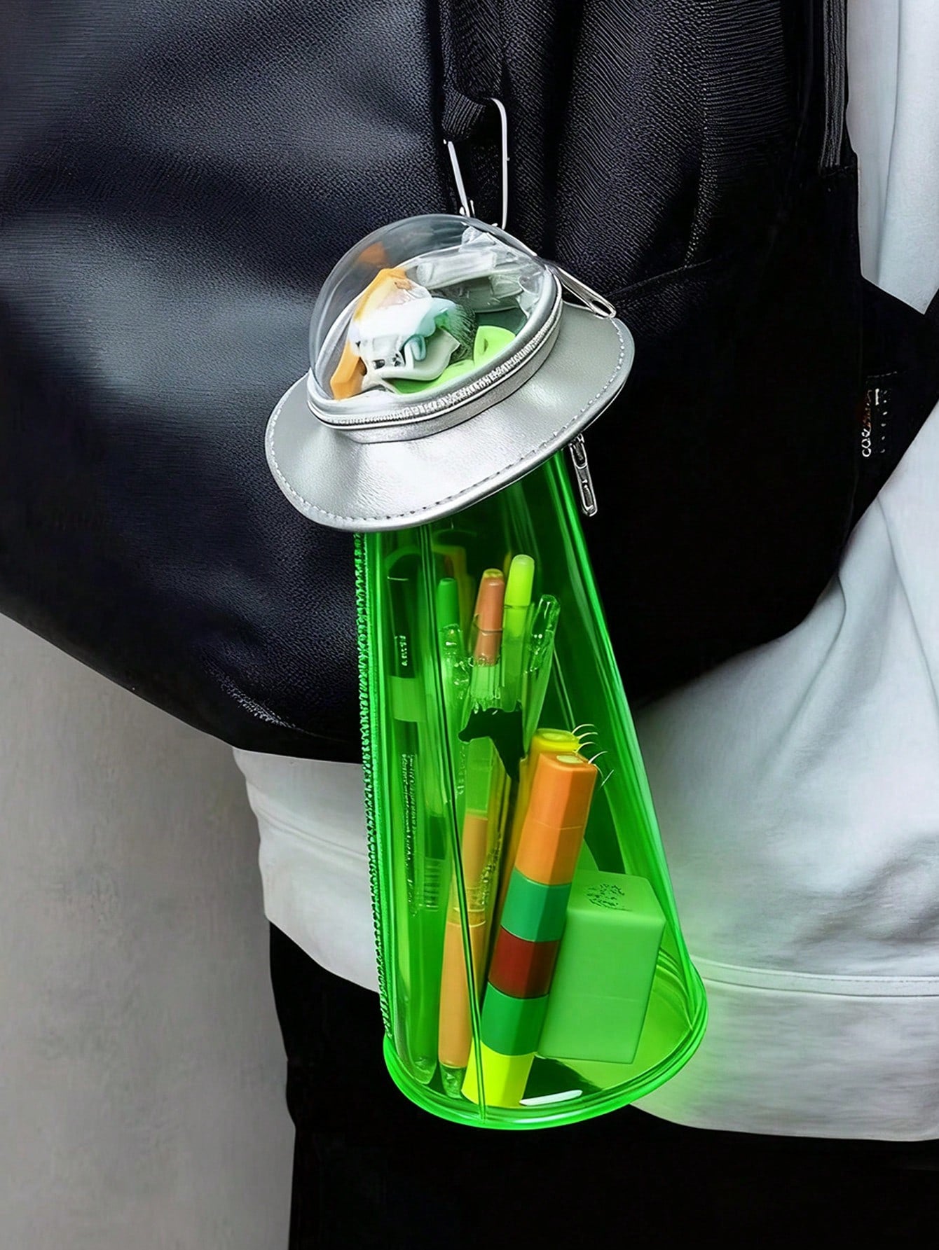 Creative UFO Shaped Storage Pen Case With Transparent Green Alien Decor, Multi-Use Desktop Stationery Box & Backpack Accessory, Hooks Not Included