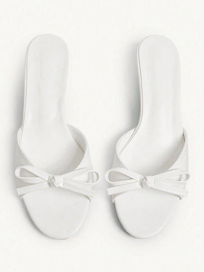 CUCCOO CHICEST Women's 3.5cm Heel Height Round Toe Cute Fashion Slip-On Mules Sandals, White PU For Christmas Elegant Shoes Wedding Shoes Summer Shoes Bride Shoes Kitten Heels