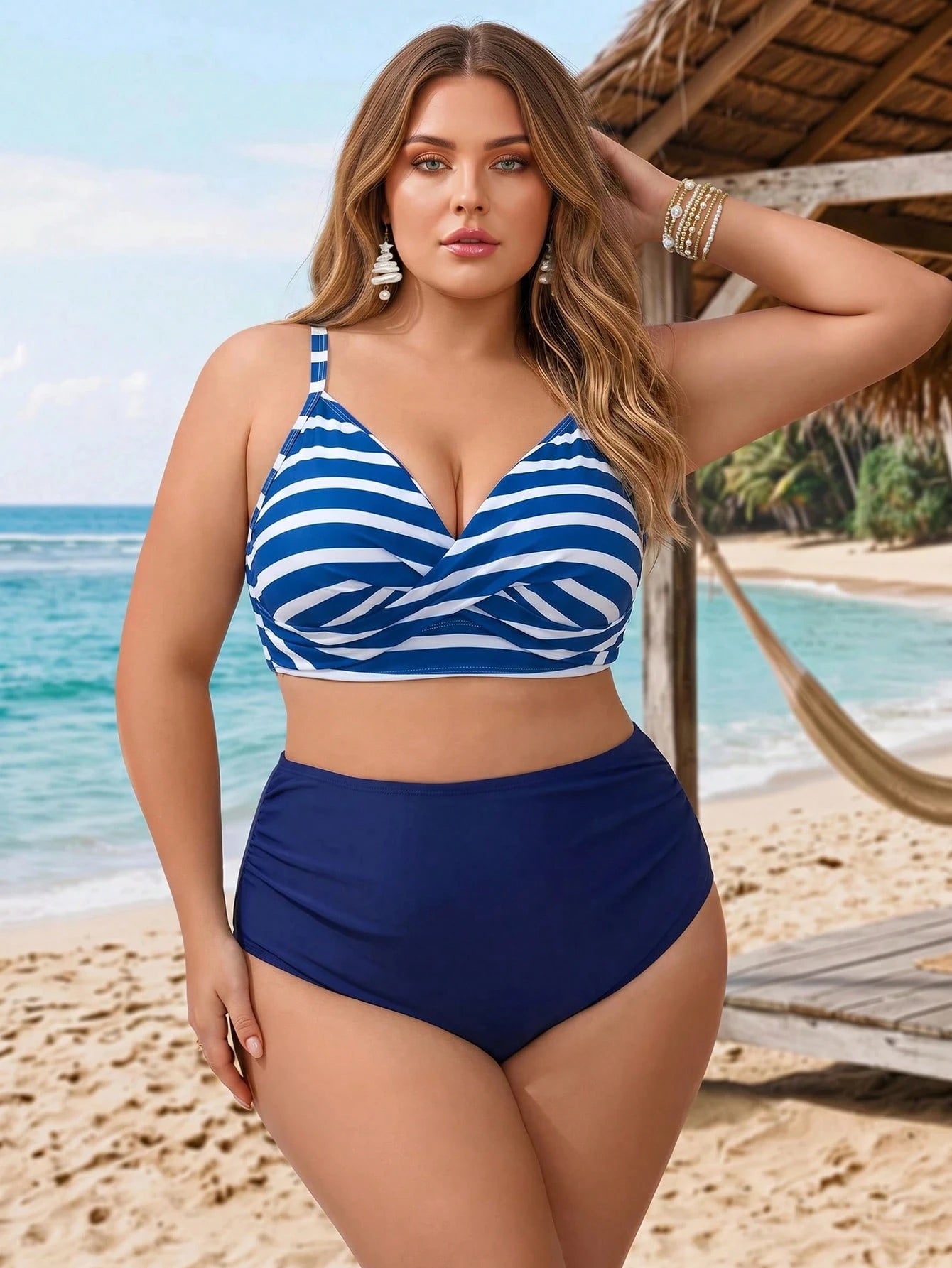 CURVE+ 2026 NEW Plus Size Striped Print Padded Underwire Tankini Top With Solid High Waist Ruched Bottoms, Women Fashion Swimwear Set For Beach & Vacation