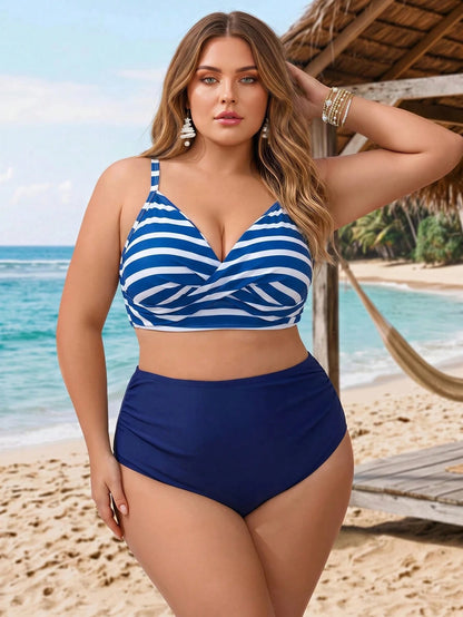 CURVE+ 2026 NEW Plus Size Striped Print Padded Underwire Tankini Top With Solid High Waist Ruched Bottoms, Women Fashion Swimwear Set For Beach & Vacation