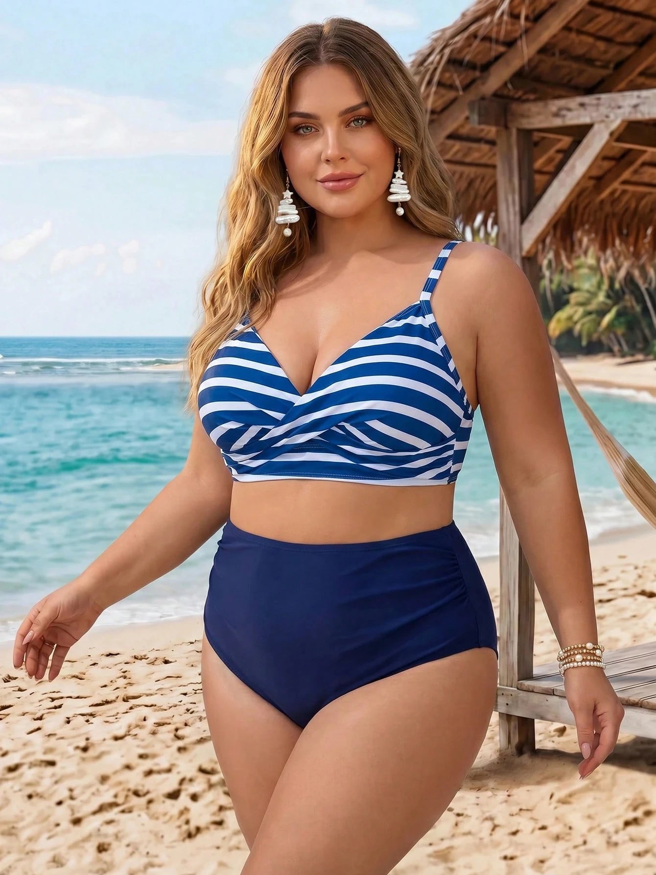 CURVE+ 2026 NEW Plus Size Striped Print Padded Underwire Tankini Top With Solid High Waist Ruched Bottoms, Women Fashion Swimwear Set For Beach & Vacation