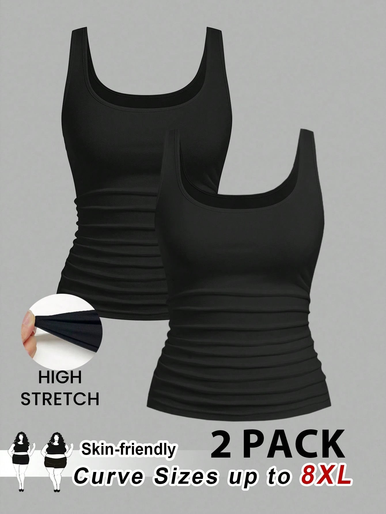 CURVE+ 2pcs/Set Plus Size Women Casual Scoop Neck Ruched Waist Fitted Tank Top Set, Versatile For Daily Wear, Summer Tops