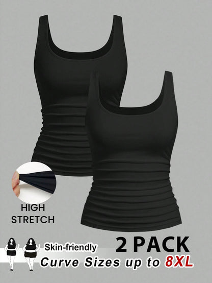 CURVE+ 2pcs/Set Plus Size Women Casual Scoop Neck Ruched Waist Fitted Tank Top Set, Versatile For Daily Wear, Summer Tops