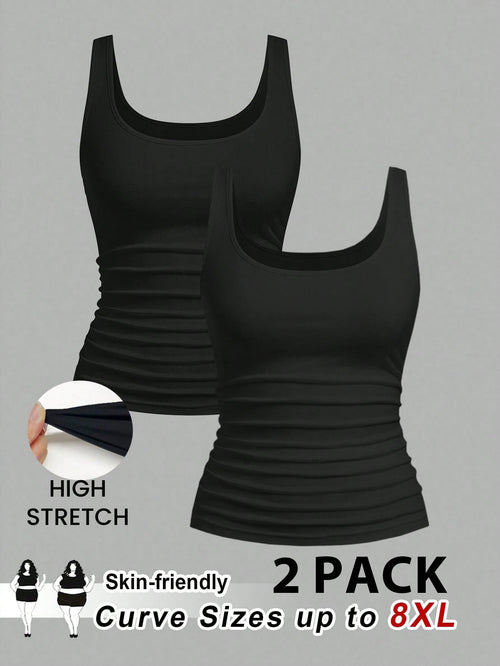 CURVE+ 2pcs/Set Plus Size Women Casual Scoop Neck Ruched Waist Fitted Tank Top Set, Versatile For Daily Wear, Summer Tops