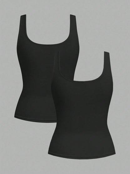 CURVE+ 2pcs/Set Plus Size Women Casual Scoop Neck Ruched Waist Fitted Tank Top Set, Versatile For Daily Wear, Summer Tops