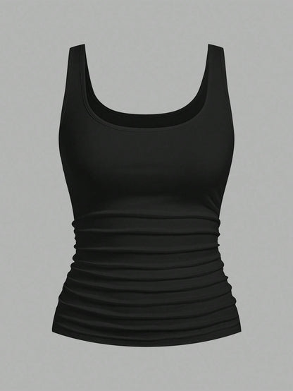 CURVE+ 2pcs/Set Plus Size Women Casual Scoop Neck Ruched Waist Fitted Tank Top Set, Versatile For Daily Wear, Summer Tops
