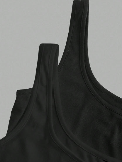 CURVE+ 2pcs/Set Plus Size Women Casual Scoop Neck Ruched Waist Fitted Tank Top Set, Versatile For Daily Wear, Summer Tops